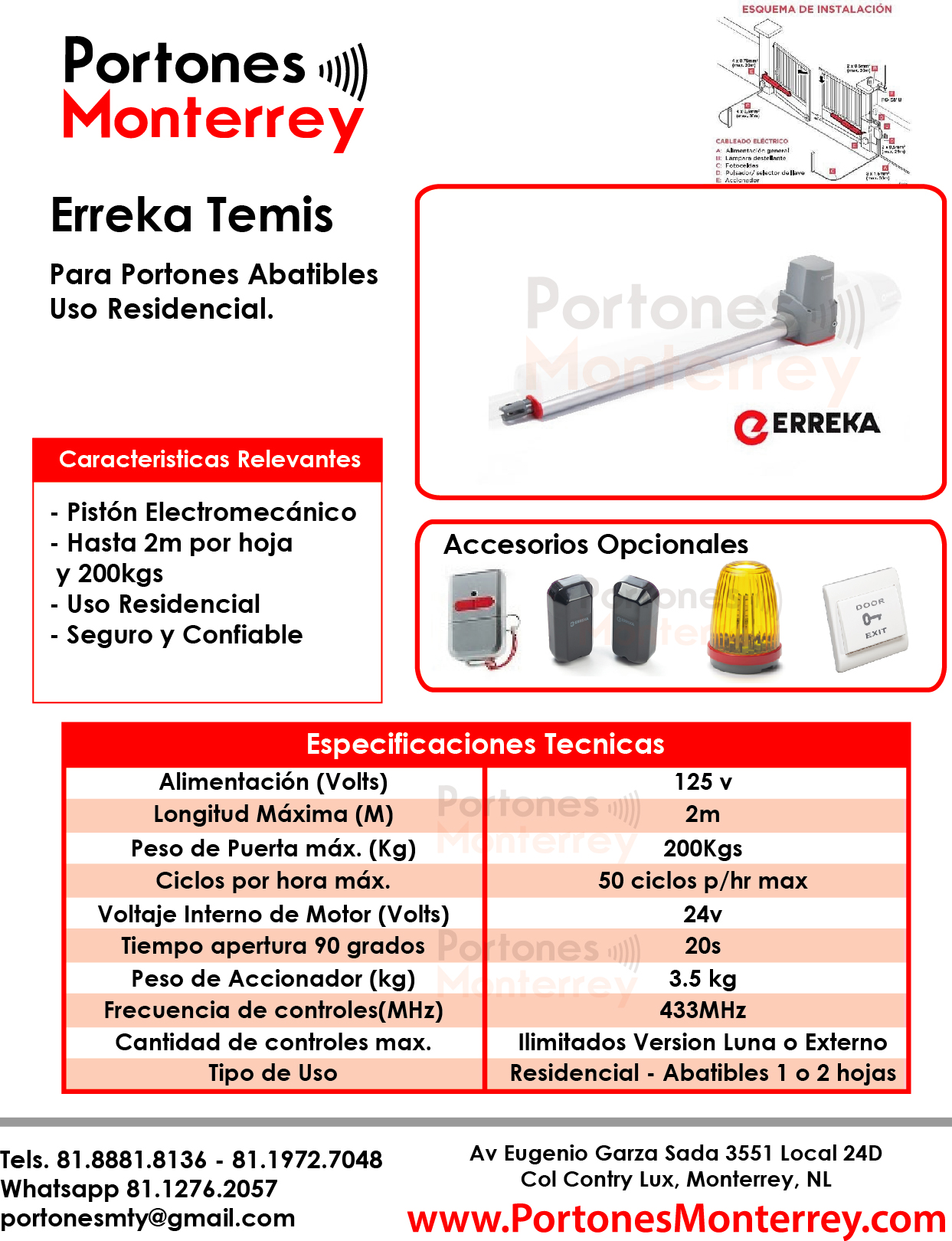 Erreka Temis Pistones Residenciales con Bateria Respaldo – Para portones abatibles de hasta 2m y 200kgs por hoja-1