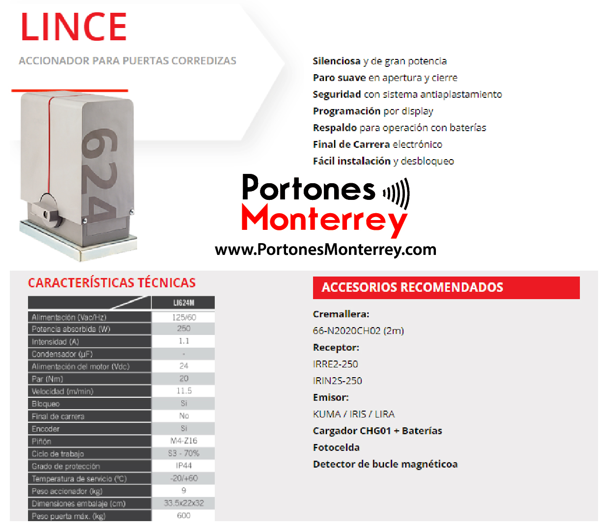 Erreka Lince 600kgs para portones de hasta 600kgs uso Medio – Motor de Cremallera para puertas corredizas-1